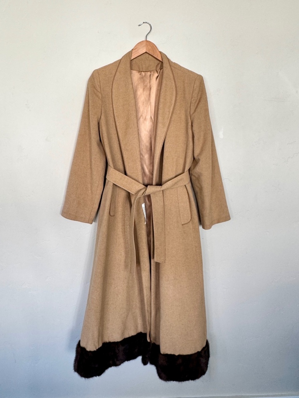Vintage Fleurette 100% Camel Hair Fur Trim Belted Maxi Coat S/M